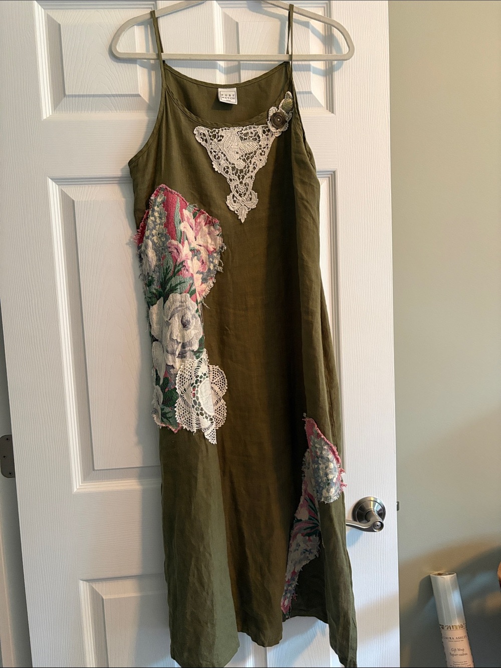 Pure Match Olive Green Linen Blend Slip Dress with Floral and Lace Appliqués